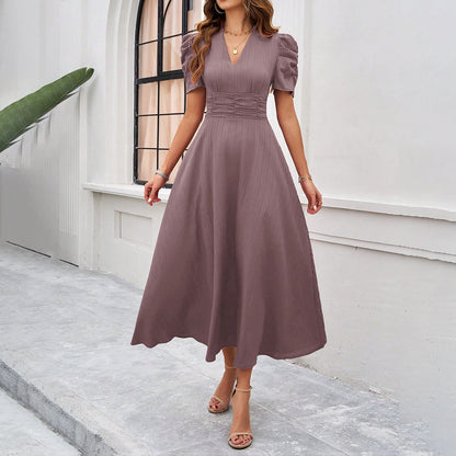 Damen Kleid Midi V-Ausschnitt Puffärmel Elegant