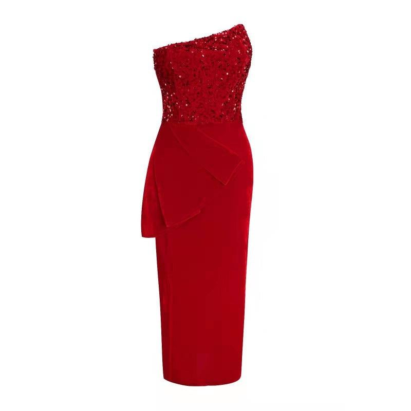 Damen Abendkleid Pailletten Asymmetrisch Elegant