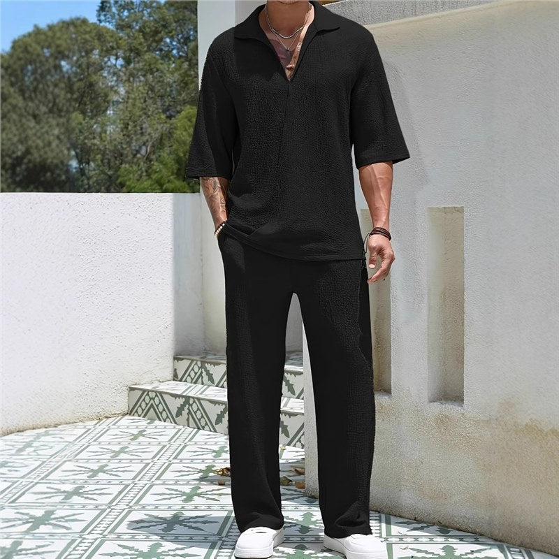 Herren Freizeit-Set mit Struktur-Oberteil und Weite Hosen Modern