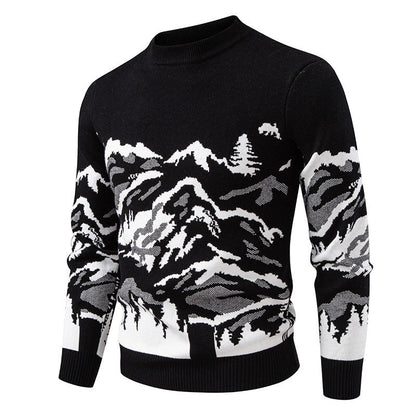 Herren Strickpullover Bergmotiv Hochkragen Winterwarm