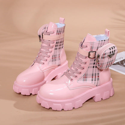Damen Stiefel Schnürstiefel mit Seitentasche Blockabsatz