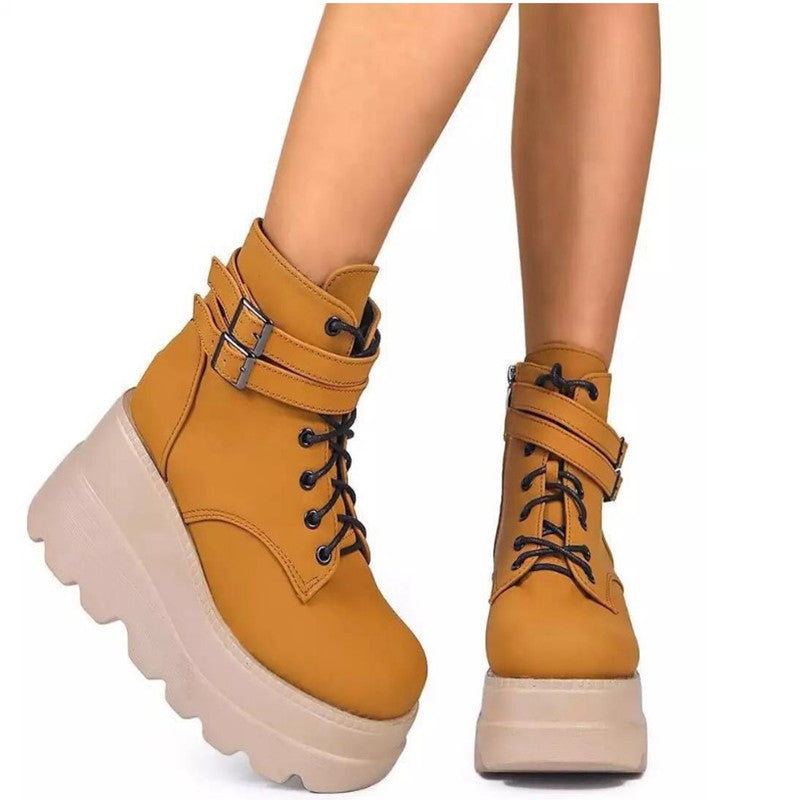 Damen Plateau-Stiefel Schnallen-Design Höhe Reißverschluss Schwarz