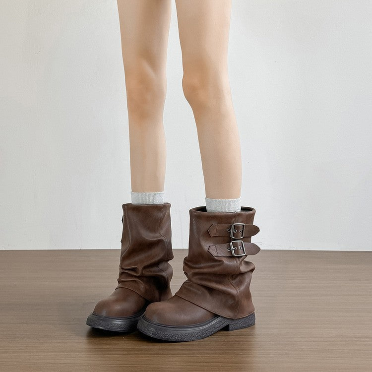 Damen Winterstiefel Modisch Falten-Design Schnalle Schwarz