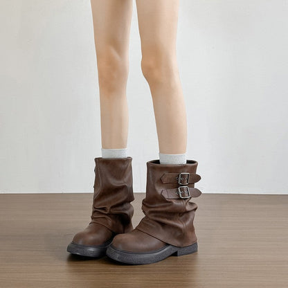 Damen Winterstiefel Modisch Falten-Design Schnalle Schwarz