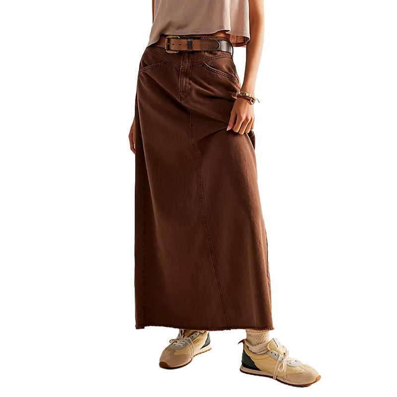 Damen Denim-Rock Hochtailliert mit Taschen Lang