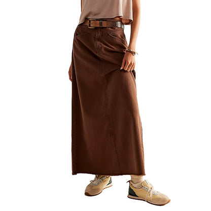 Damen Denim-Rock Hochtailliert mit Taschen Lang