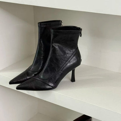 Damen Stiefeletten Leder Elegant Spitze Absatz Schuhe