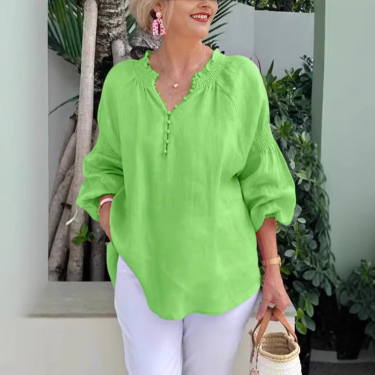 Damen Bluse Leicht Elastisch Puffärmel Knöpfe
