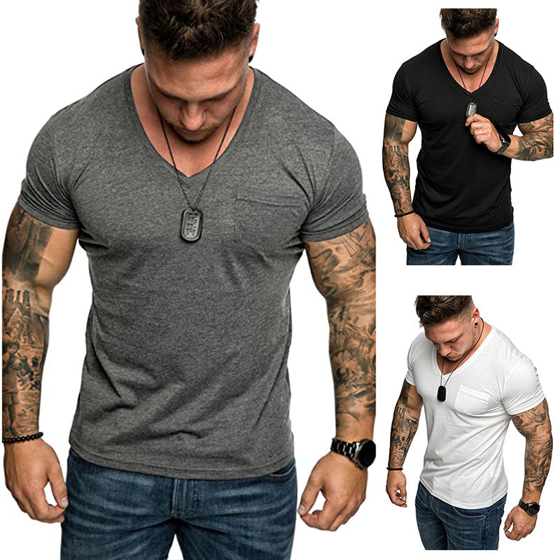 Herren T-Shirt V-Ausschnitt Weich Baumwolle Mit Brusttasche