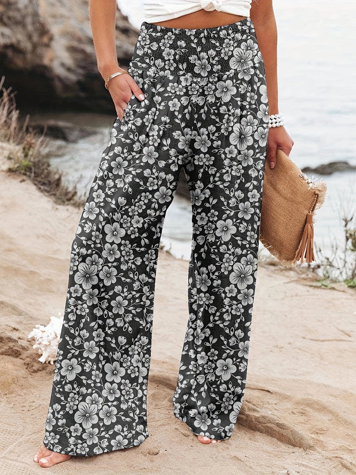 Damen Strandhose Weit Bequem Elastisch Floral