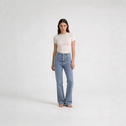 Damen Jeans Bootcut High Waist Knopfleiste
