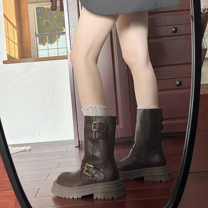 Damen Stiefel Robust Schnürbar mit Metall Schnallen und Stabiler Sohle