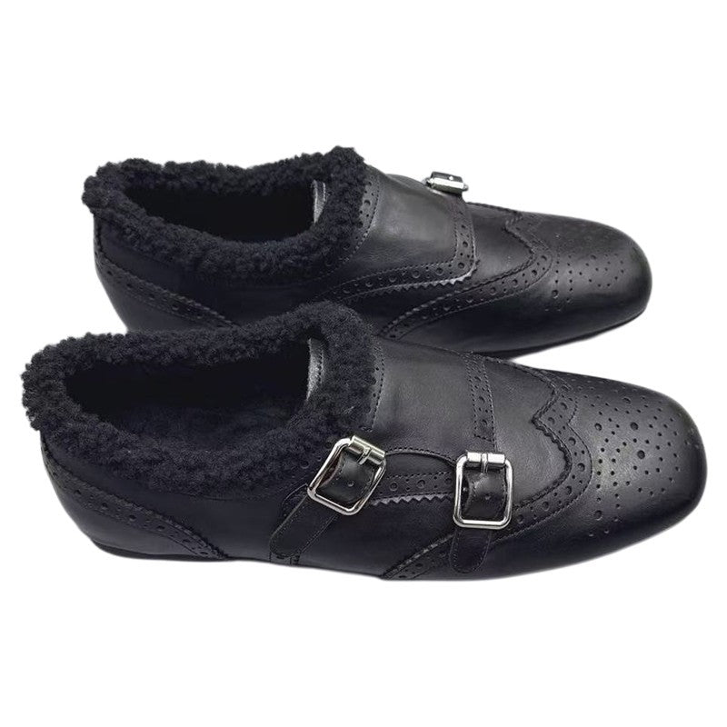 Damen Mokassins Leder Bequem Schnallen Schwarz