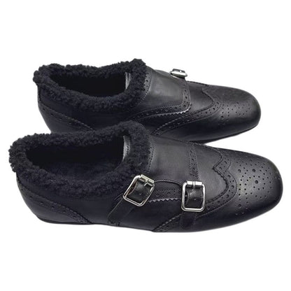 Damen Mokassins Leder Bequem Schnallen Schwarz