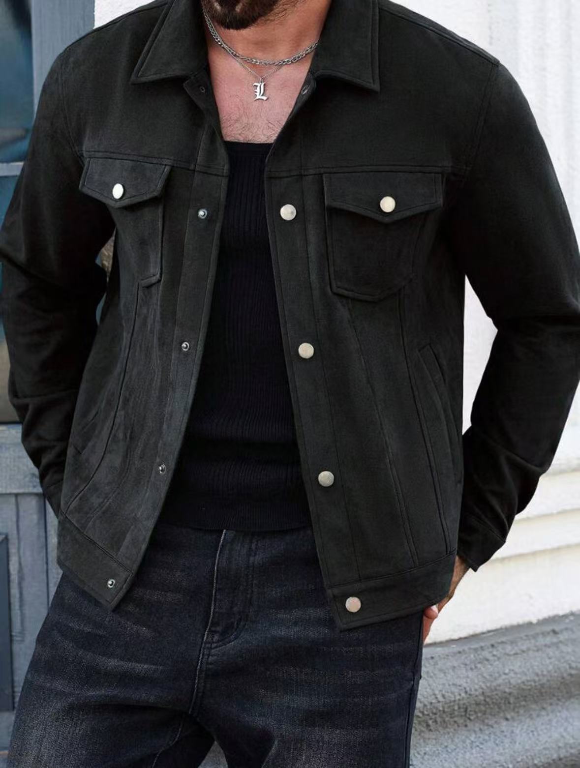Herren Lederjacke Lässig Wildleder Schwarz Modern