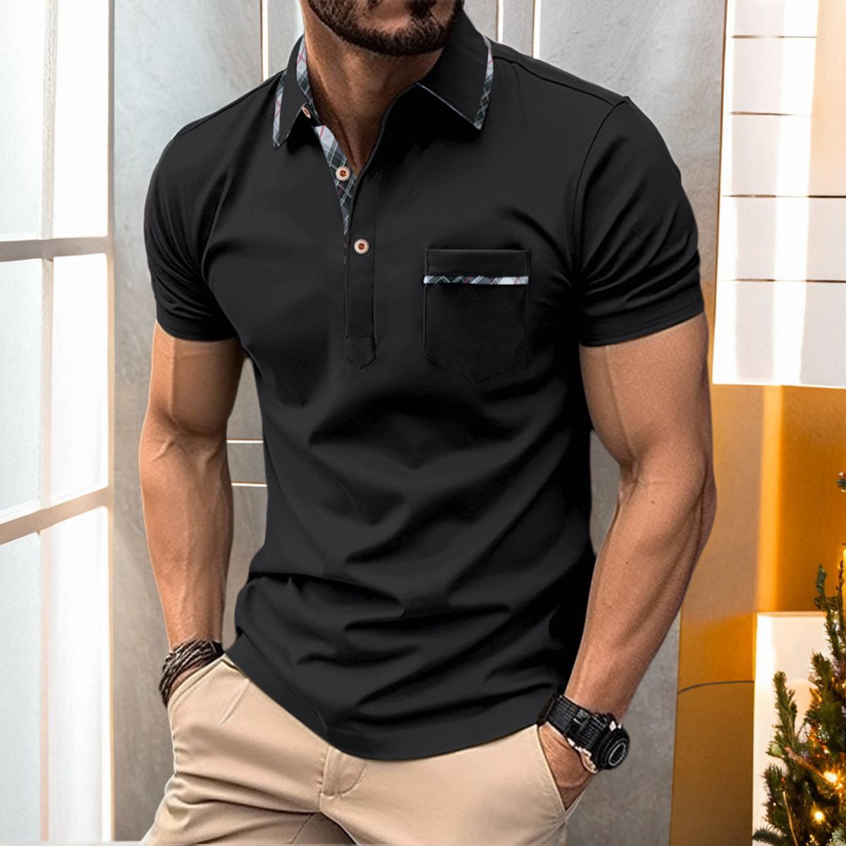 Herren Kurzarmhemd Modern mit Brusttasche und V-Ausschnitt