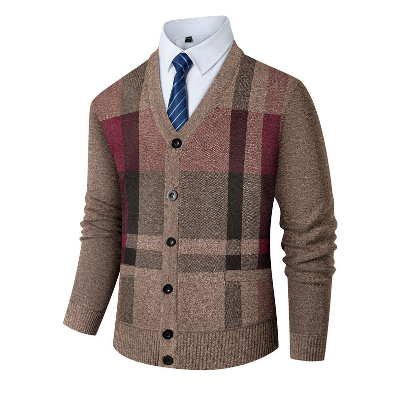 Herren Strickjacke V-Ausschnitt Klassisch Karomuster Modern - BerlinGlamour