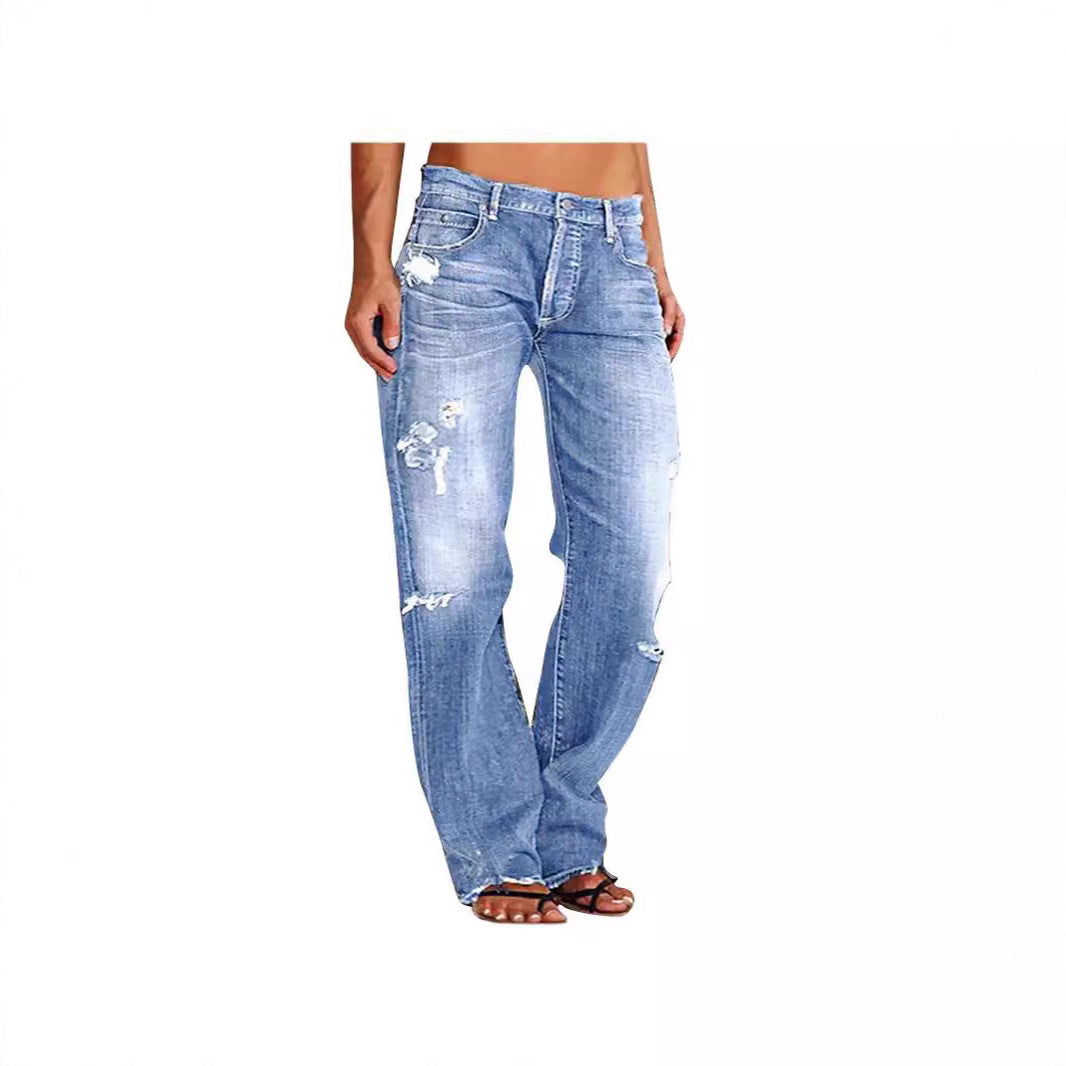 Damen Jeans Weitbein Destroyed Lässig Freizeit