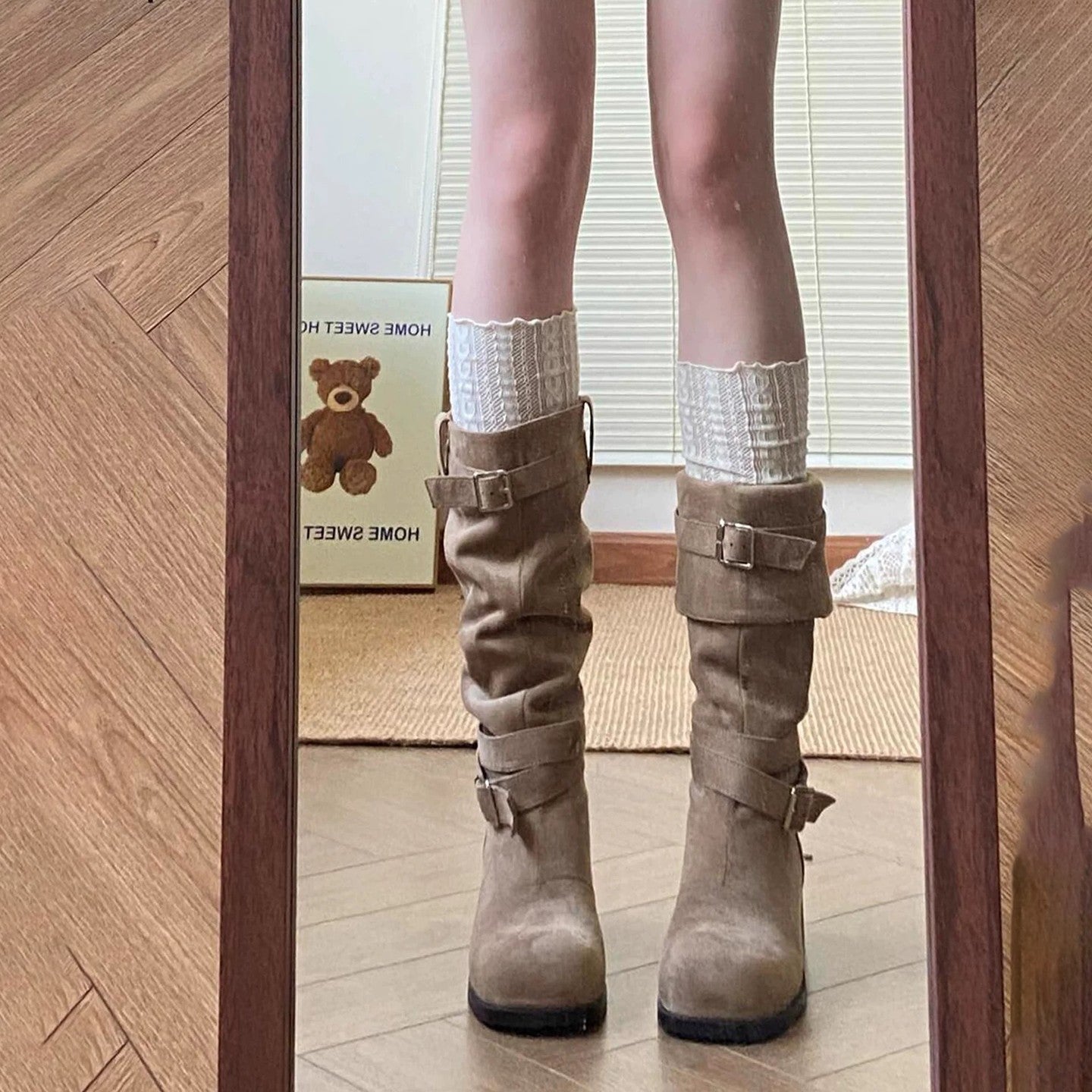 Damen Stiefel Schlupfstiefel Schnallen Elegant Schwarz