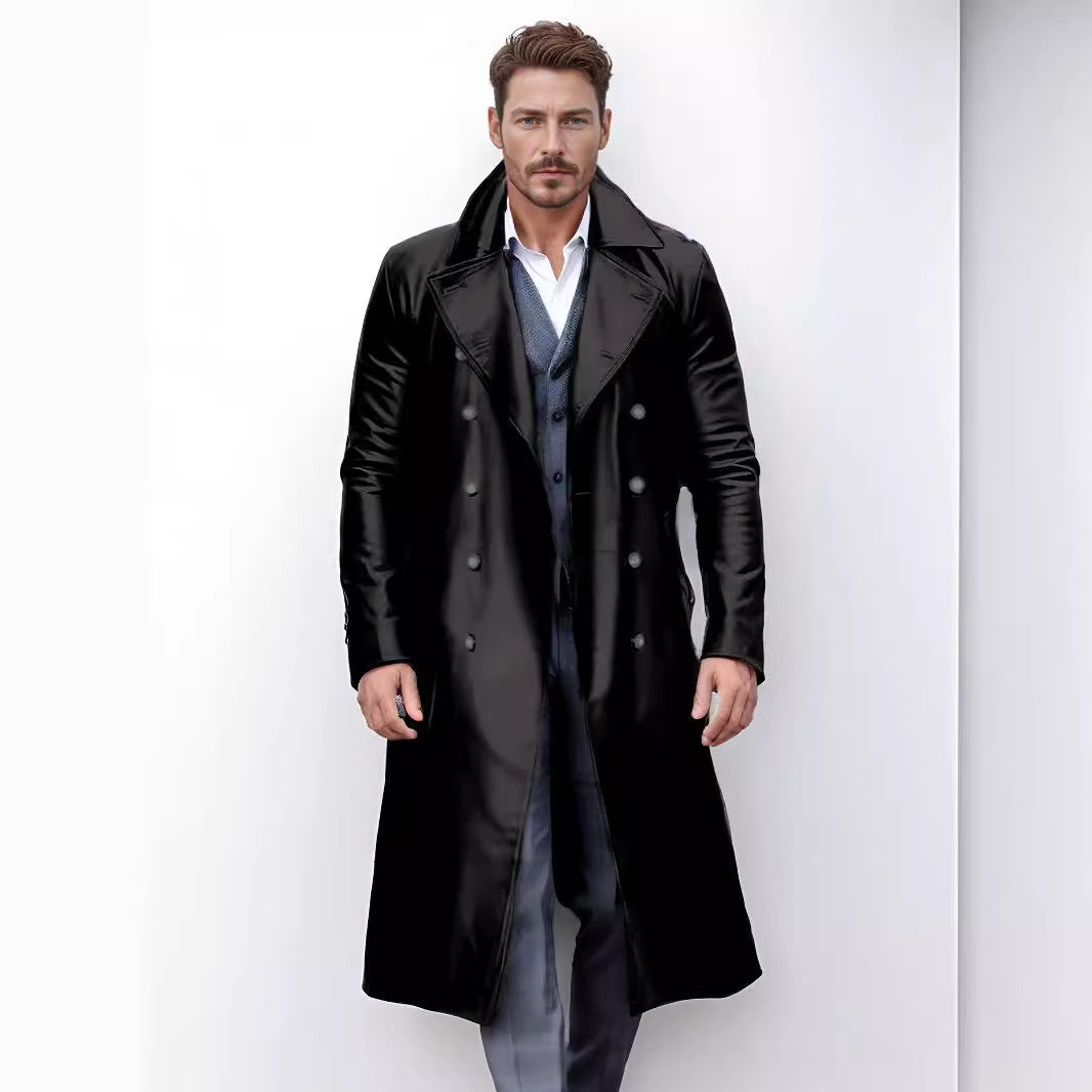 Herren Leder-Trenchcoat Elegant Moderner Schnitt