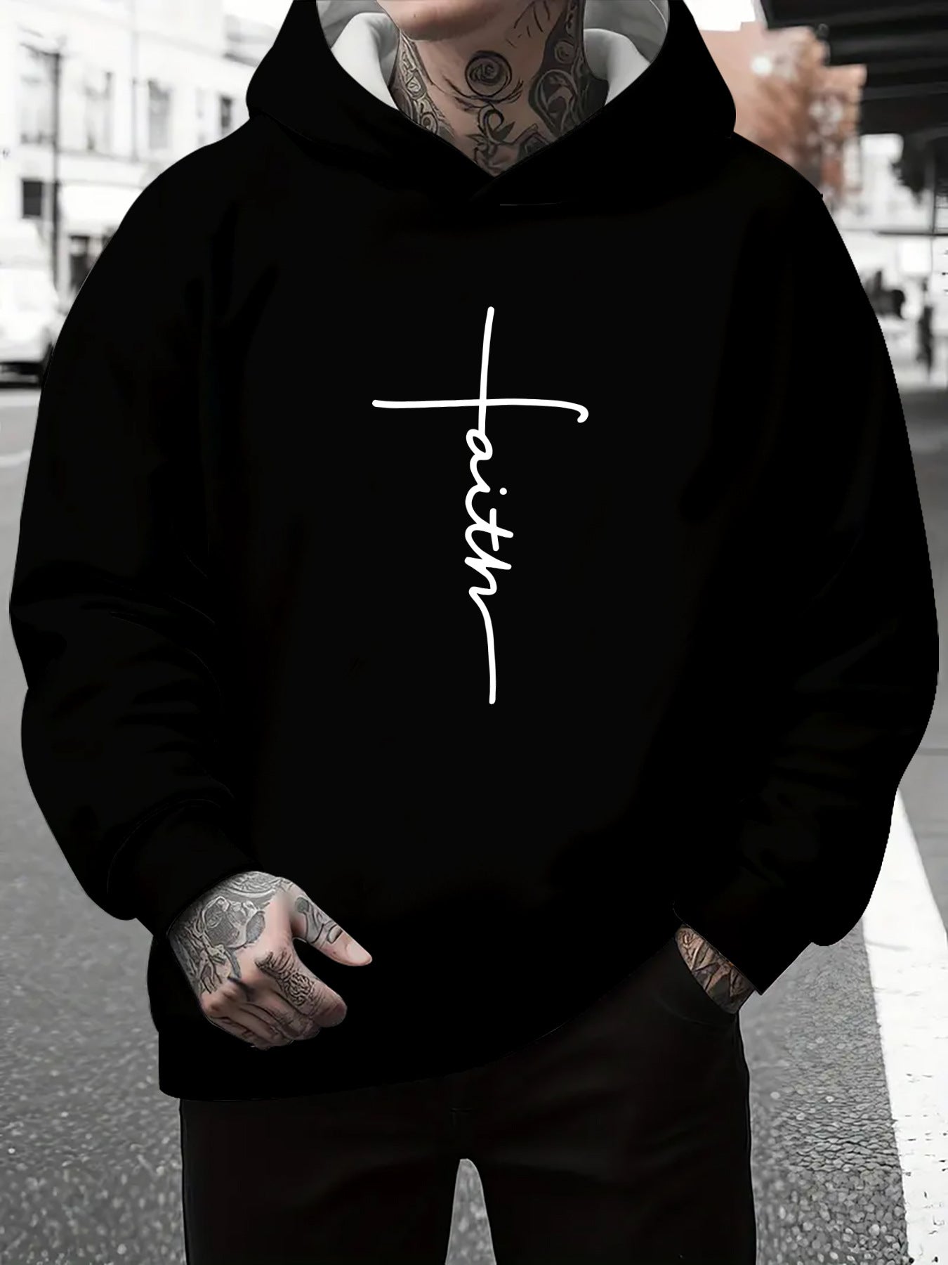 Herren Kapuzenpullover Grau Meliert mit Schriftzug