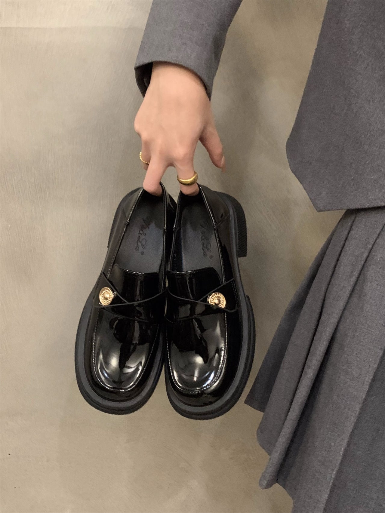 Damen Mokassin Lackleder Elegant Schnalle Schwarz Mode