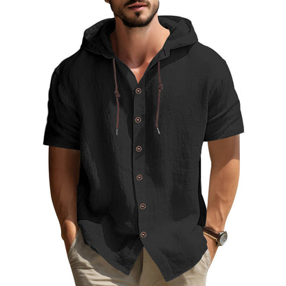 Herren Kapuzenhemd Kurzarm Holzknöpfe Streetwear