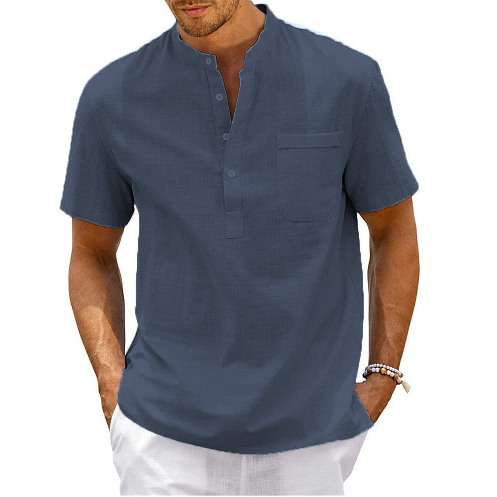 Herren Hemd Kurzarm Modern Henley Kragen mit Brusttasche