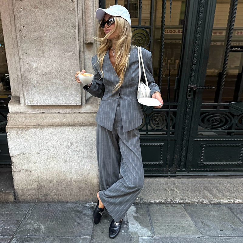 Damen Zweiteiler Anzug Streifen Elegant Schwarz