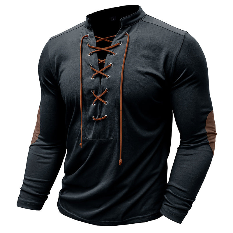 Herren Langarmshirt Modern mit Schnürung und V-Ausschnitt