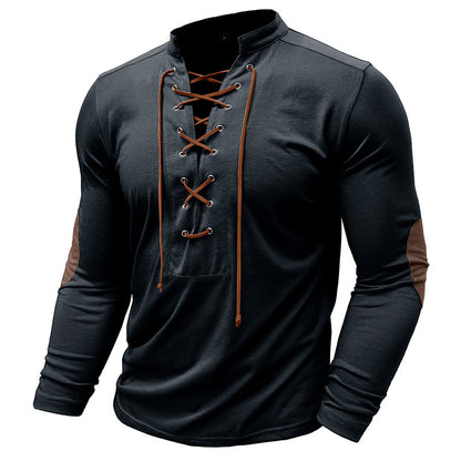 Herren Langarmshirt Modern mit Schnürung und V-Ausschnitt