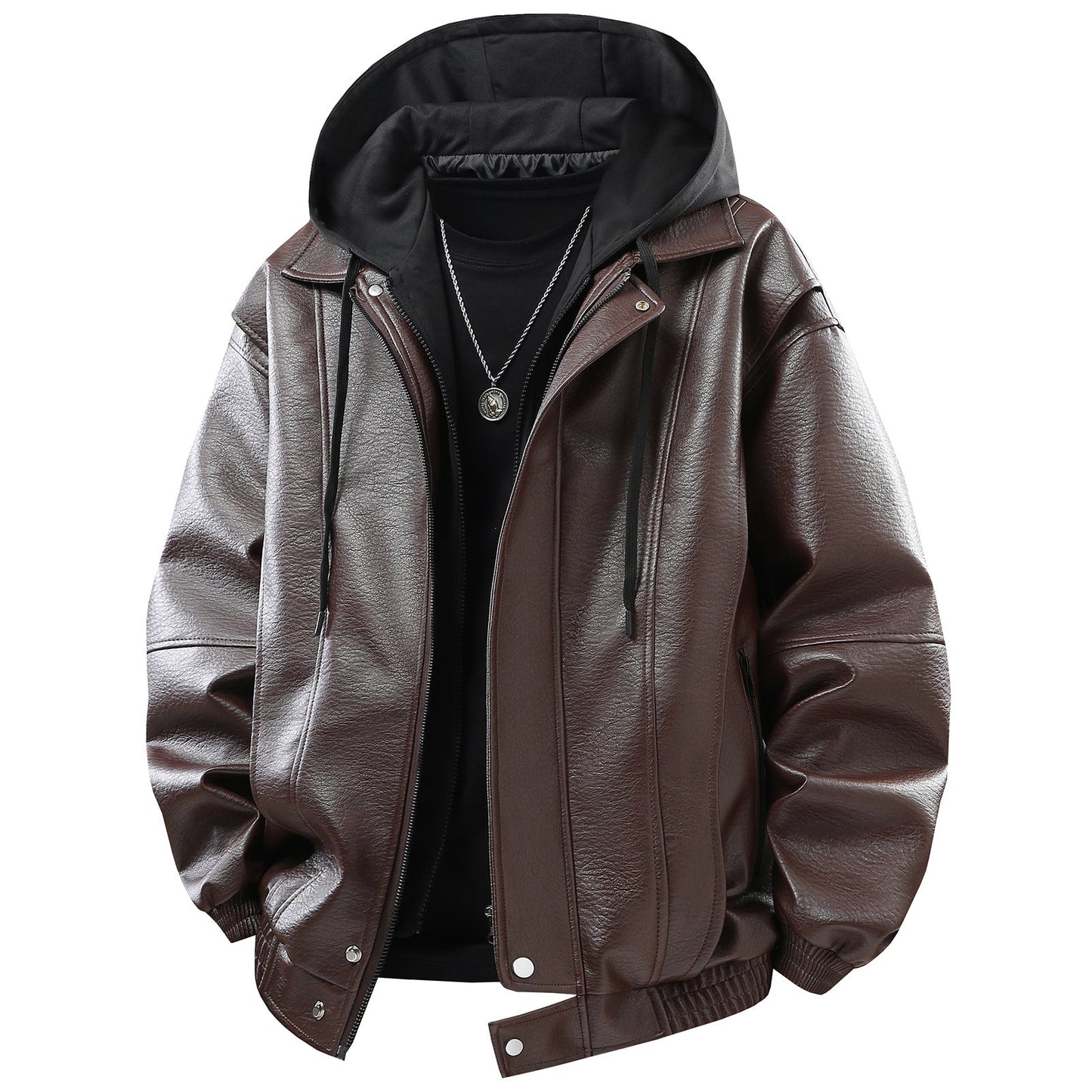 Herren Lederjacke Kunstleder Mit Kapuze Funktions-Taschen