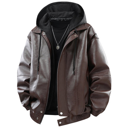 Herren Lederjacke Kunstleder Mit Kapuze Funktions-Taschen