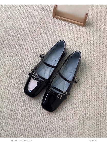 Damen Ballerinas Elegante Doppelriemen Schuhe Glänzend