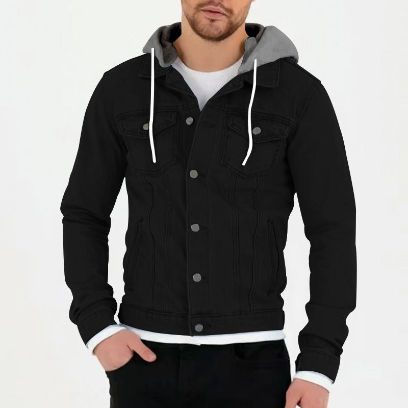 Herren Jeansjacke Kapuze Taschen Schwarz Modern