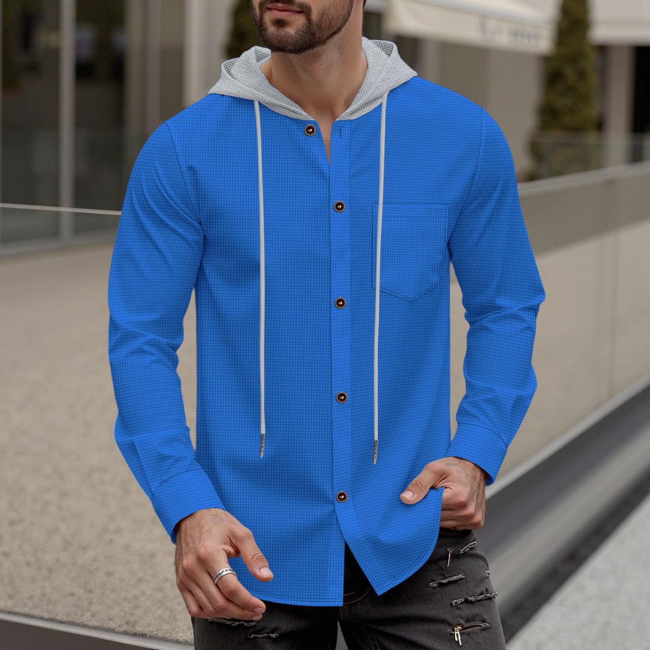 Herren Kapuzenshirt Modern mit Knopfleiste und Brusttasche - BerlinGlamour