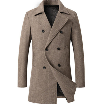 Herren Mantel Doppelreihig Fischgratmuster Elegant Schwarz