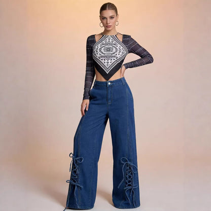 Weite Damenjeans mit Schnürung Elegant