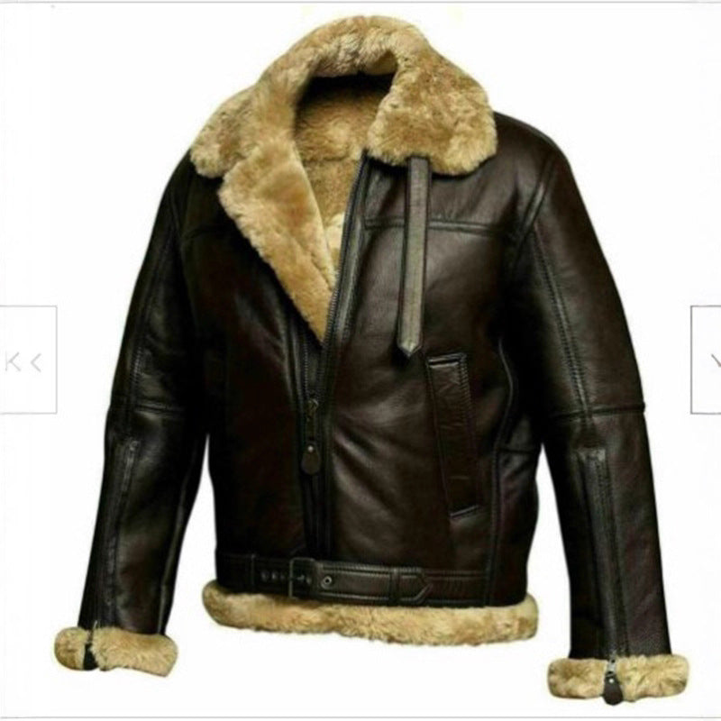Lederjacke Herren Kunstfellkragen Stylish Schwarz