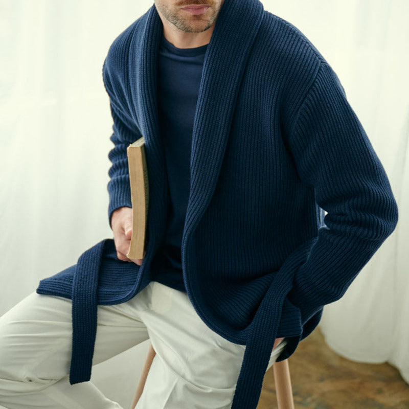 Herren Strickcardigan Modern mit Gürtel Tiefkragen