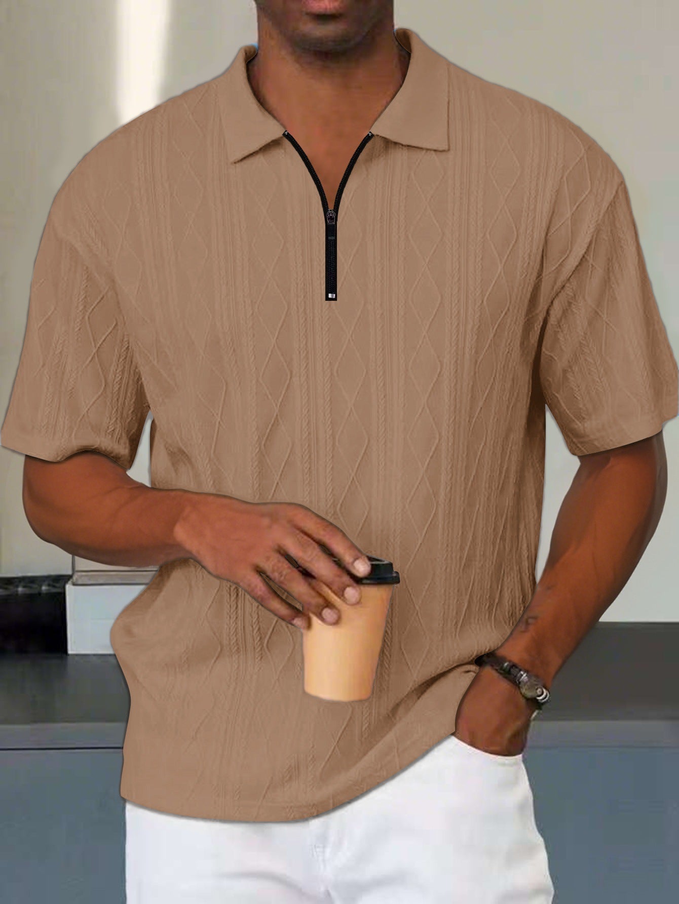 Herren Kurzarm Polo Shirt mit Reißverschluss Kragen Modern