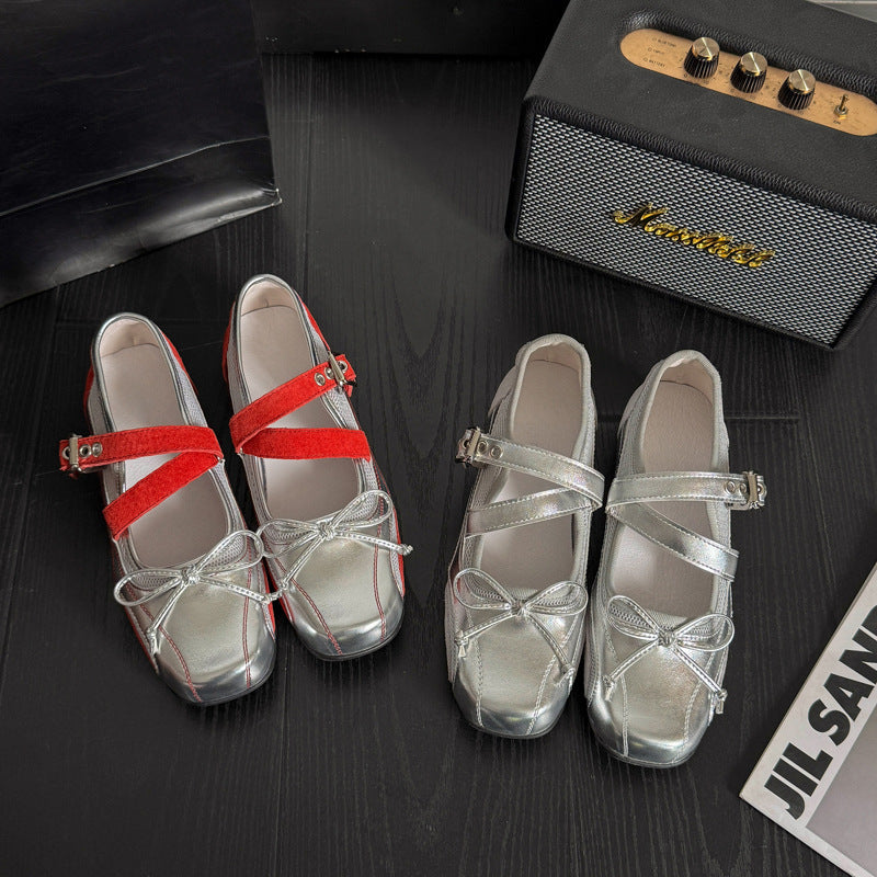 Damen Ballerinas Elegant Metallic Schuhe Mit Riemchen