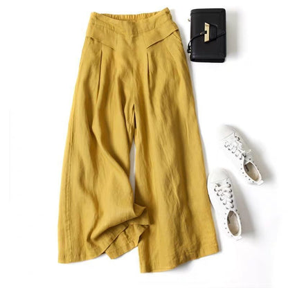 Damen Leinenhose Weit Bequem Mit Hochem Bund