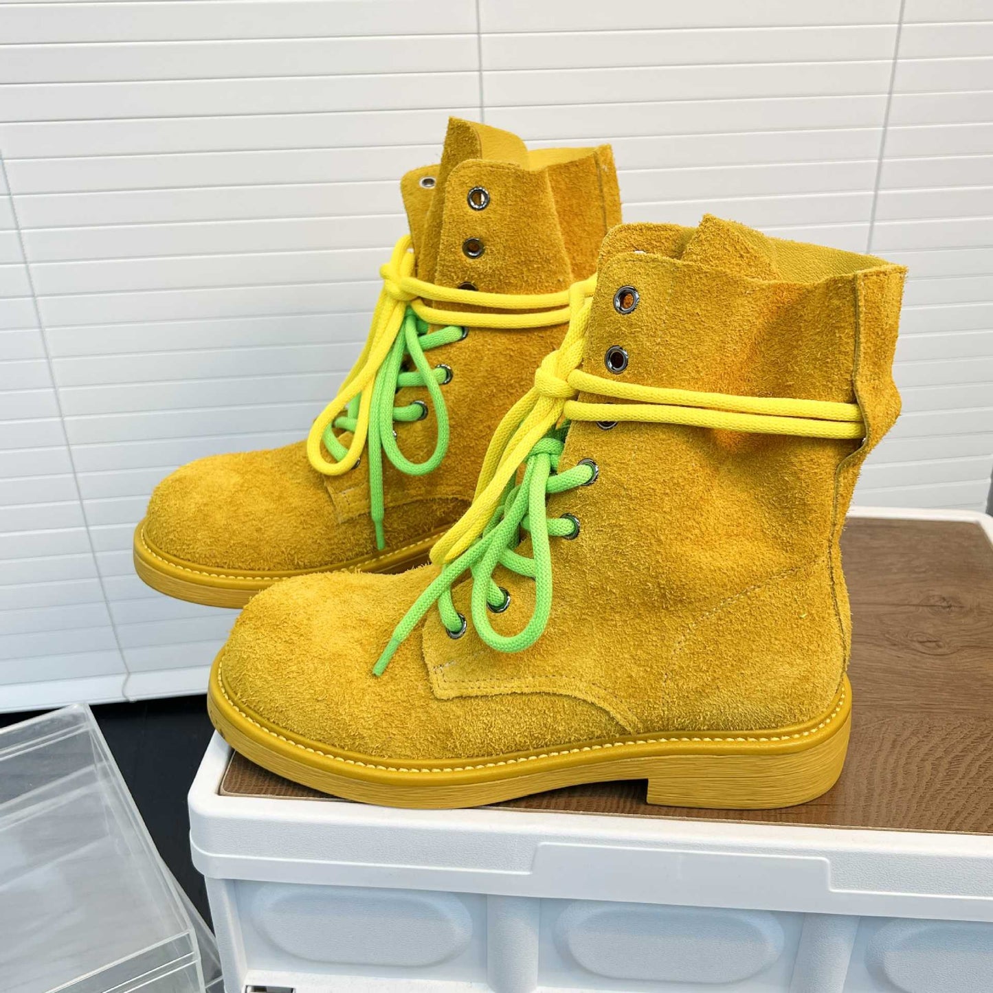 Damen Boots Wildleder Schnürsenkel Neon Farben Robust
