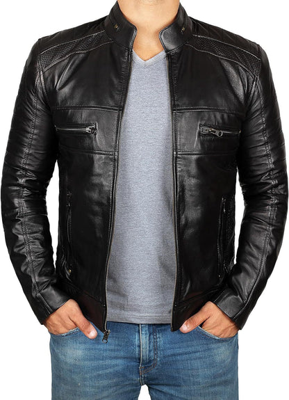 Lederjacke Herren Biker Stil Reißverschluss Taschen