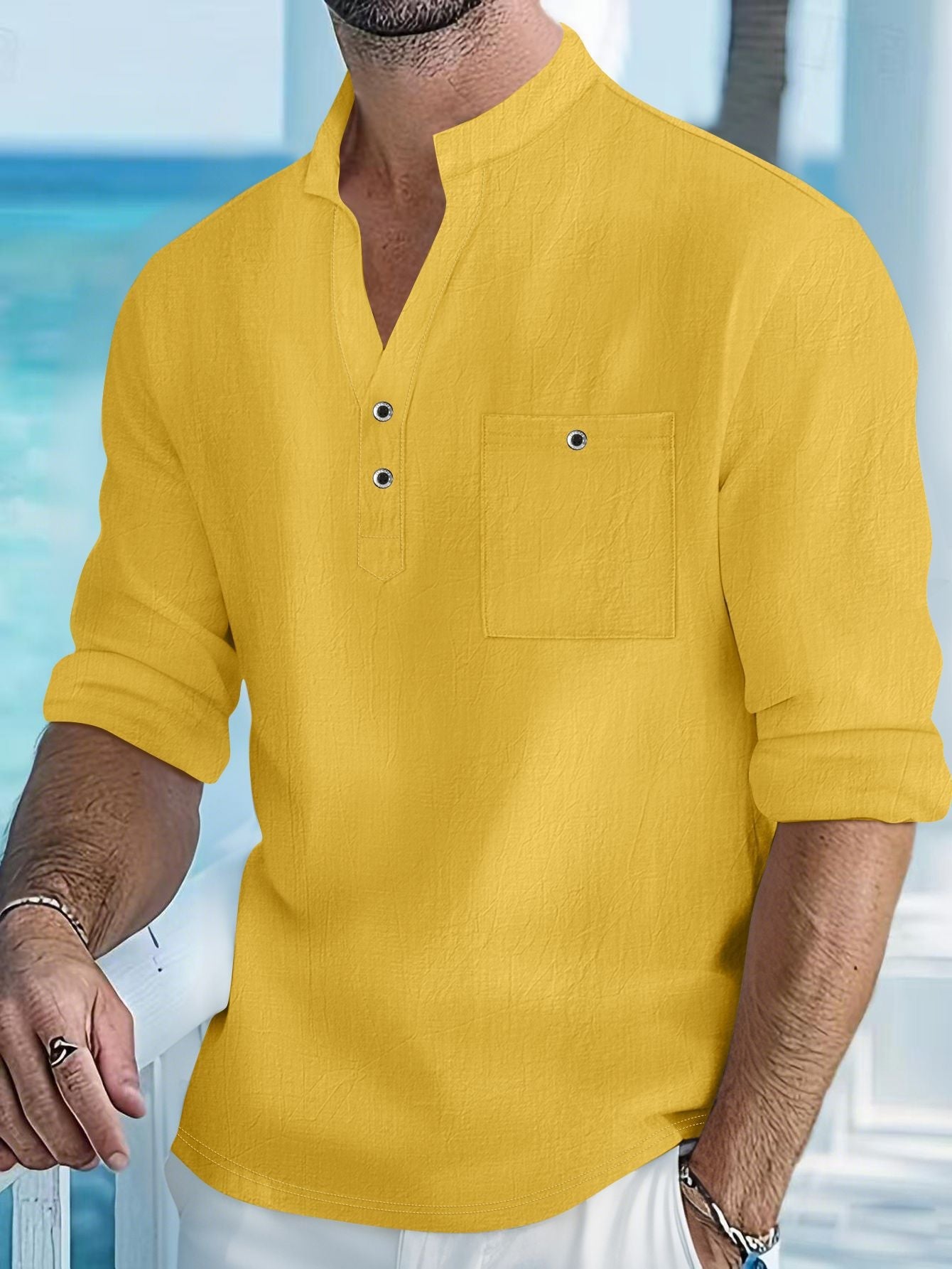 Herren Henley-Shirt Lässig Knopfleiste Brusttasche Modern