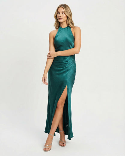 Damen Maxikleid Satin Asymmetrisch Beinschlitz Elegant