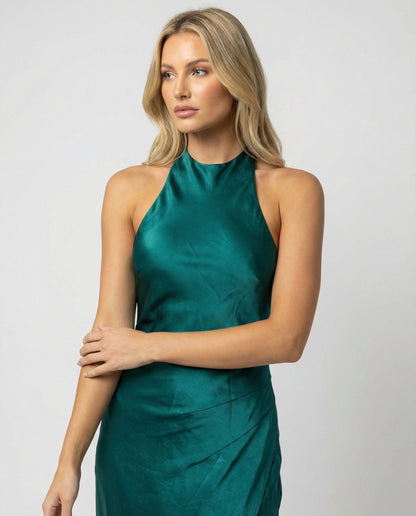 Damen Maxikleid Satin Asymmetrisch Beinschlitz Elegant