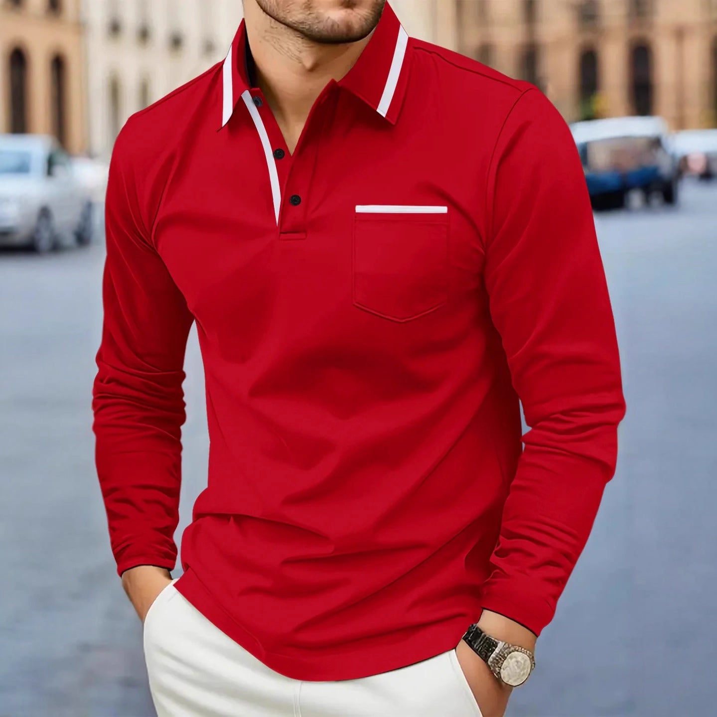 Herren Polohemd Langarm Modern Kontrastkragen Slimfit