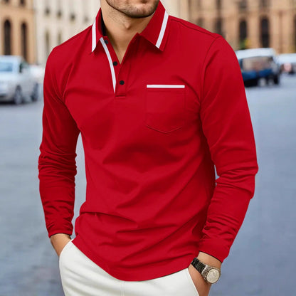 Herren Polohemd Langarm Modern Kontrastkragen Slimfit
